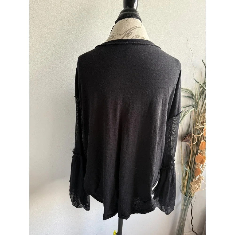 Free People Womens XS Black Mesh Bell Sleeve Cotton Scoop Neck Boho Top 2813‎